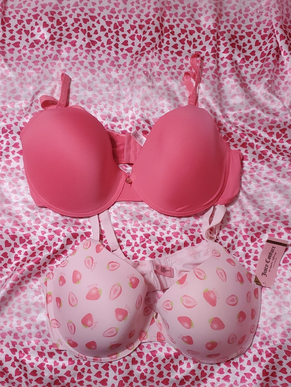 Juicy Couture Pink Strawberry Print & Solid Hot Pink Push-Up Bras (Set of 2)